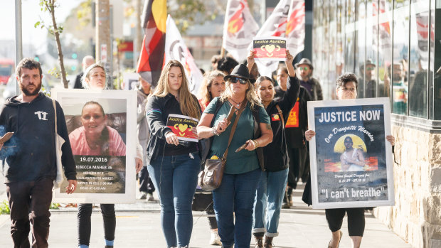Protesters marched from Civic Park to the courthouse in Newcastle for the handing down of the findings. 