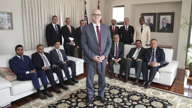 The head of the General Delegation of Palestine to Australia, Izzat Salah Abdulhadi, meets with ambassadors and senior diplomats from the Council of Arab Ambassadors in Canberra on Tuesday. 