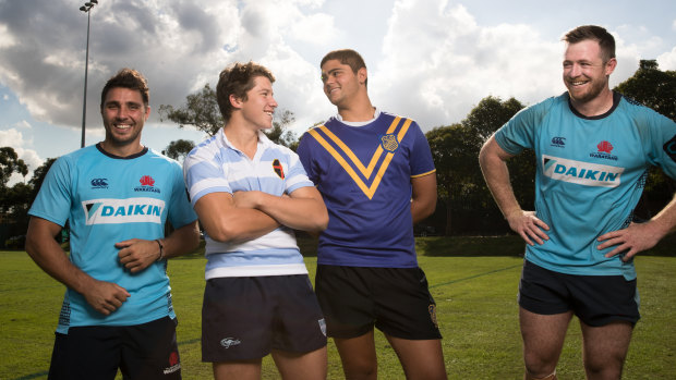 Curtain-raiser: Waratahs Nick Phipps and Jed Holloway (far left and right) will be cheering on Blake Males' King's and Waverley's Alex Rice respectively on Saturday.