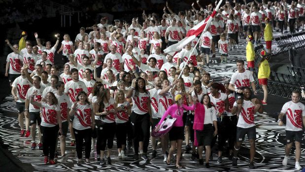 The large England contingent marches during the ceremony.