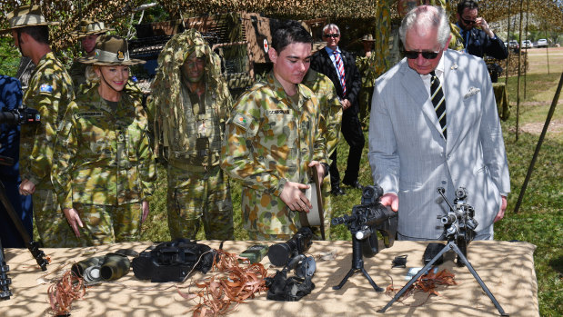 Prince Charles visits the Larrakeyah Defence Precinct in Darwin on Tuesday.