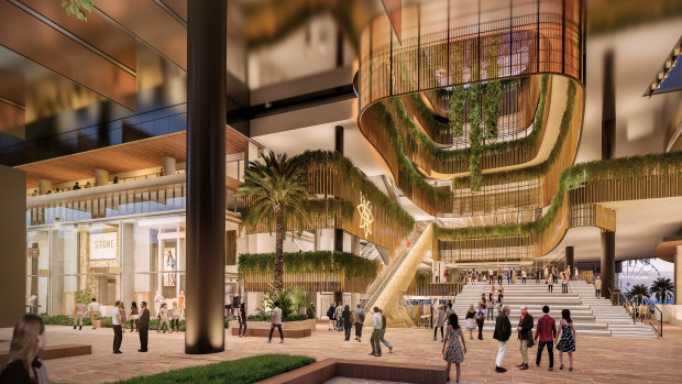 First look inside the new George Street entrance to the Queens Wharf resort complex showing the open air atrium.