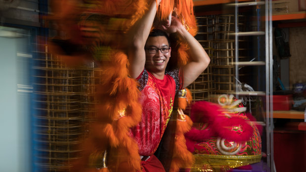 Lion dancer Johnny Leung in his rehearsal space in Kingsgrove, Sydney, ahead of the Lunar New Year.