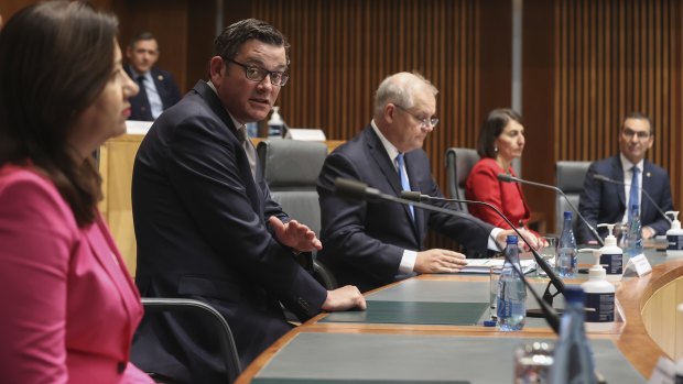 Queensland Premier Annastacia Palaszczuk (left), Victorian Premier Daniel Andrews, Prime Minister Scott Morrison, NSW Premier Gladys Berejiklian and SA Premier Steven Marshall during a national cabinet press conference in December. 