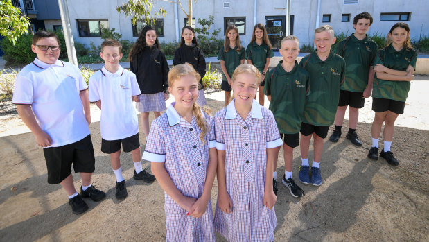 Melba College’s year 7 twins (from left): Troy and Tyson Watson, Sophie and Leah Plant, Charlotte and Ruby Phillpotts, Zack and Billy Loci and Alex and Scarlett Warren. Front: Maddie and Dakota Macpherson.