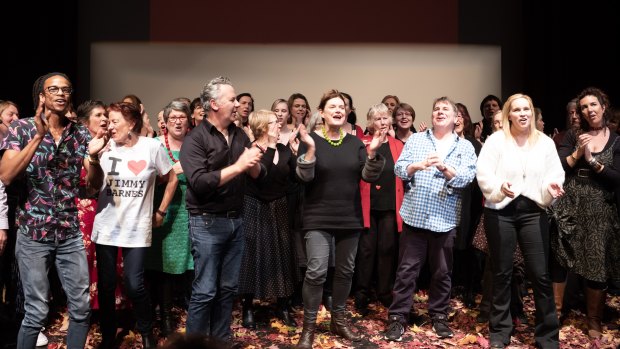 The Hello, Healesville! finale, with Hannie Rayson centre stage at the memorial hall. 