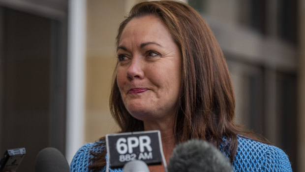 Liza Harvey speaks to the media outside Parliament House in Perth on Thursday.
