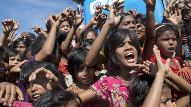 Rohingya refugees during a protest against the repatriation process at Unchiprang refugee camp near Cox's Bazar in Bangladesh on Thursday.