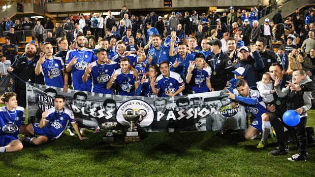 Streams of talent: Sydney Olympic celebrate their NSW National Premier League final victory over APIA-Leichhardt last year.
