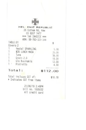 Receipt for lunch at Hellenic Republic.