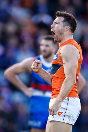 Giant Toby Greene celebrates one of his five goals against the Bulldogs last year.