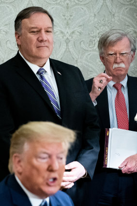 Secretary of State Mike Pompeo, left, and John R. Bolton, the national security adviser, had differing views on the peace plan.