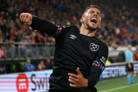 Pablo Fornals celebrates his goal for West Ham, who won the semi-final tie 3-1 on aggregate to qualify for the UEFA Conference League final.