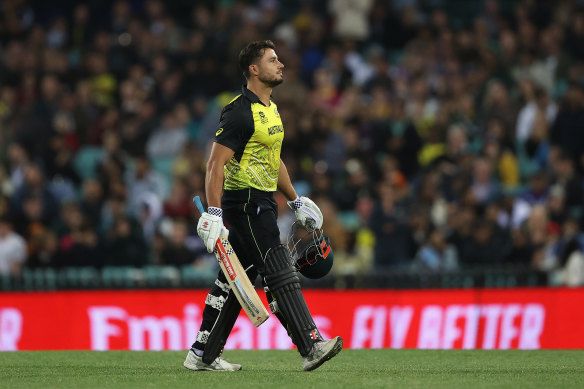 Marcus Stoinis after being dismissed against New Zealand during Australia’s opening T20 World Cup match at the SCG on Saturday night.