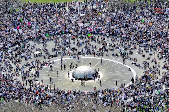 A “Hands Off!” rally in Seattle.