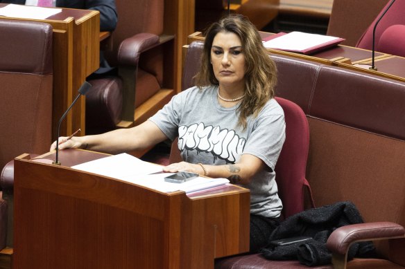 Senator Lidia Thorpe wore a “Gammin” T-shirt in the Senate on Monday.