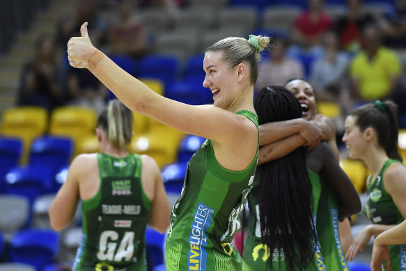 Fever's Courtney Bruce enjoys the win over the Swifts.