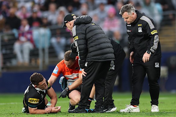 Nathan Cleary and Penrith medical staff on Sunday.