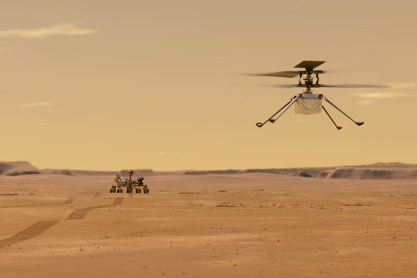 An illustration depicts the Ingenuity helicopter on Mars after launching from the Perseverance rover.