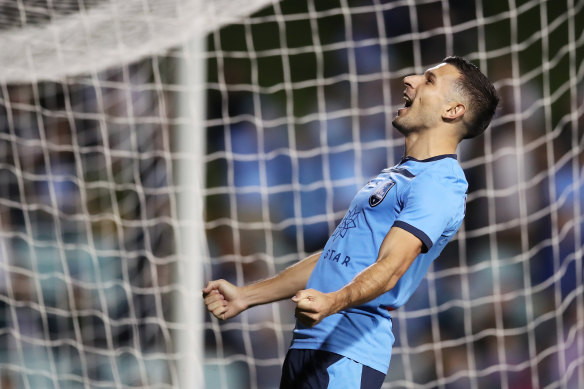 Sydney’s Kosta Barbarouses celebrates scoring on Saturday night.