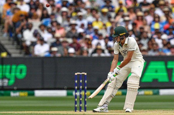 A cheeky ramp shot, one of several, played by Sam Konstas against Jasprit Bumrah at the MCG.