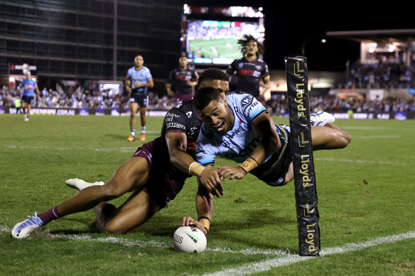 Cronulla’s Ronaldo Mulitalo piled on the first-half pain for Manly with more great finishing.