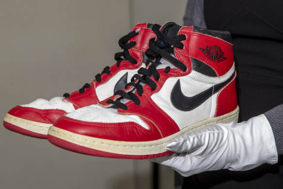 A pair of Air Jordan 1s, from 1985, that were worn by Michael Jordan. His trailblazing deal with Nike formed the foundation of his fortune.