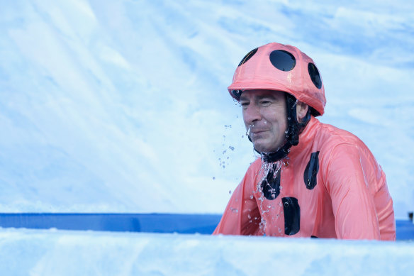 Commentator Gerard Whateley wore Black Caviar silks for his trip down the slide at ‘Big Freeze 2’ in 2016.