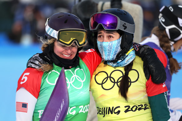 Belle Brockhoff with gold medallist Lindsey Jacobellis after the women’s snowboard cross final earlier in the Games.