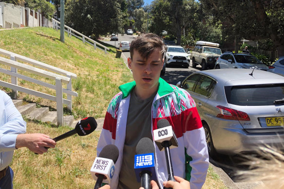 Shanks-Markovina talks to media after the alleged arson attack on his Bondi home.