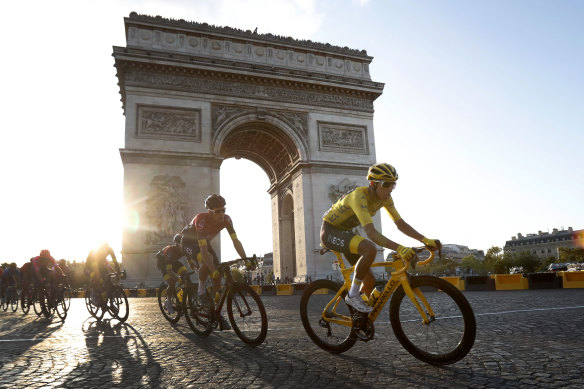 Reigning Tour de France champion Egan Bernal rides through Paris during the final stage of the race last year. 