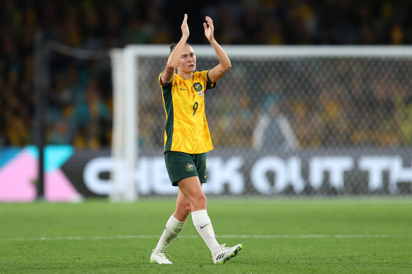 Caitlin Foord celebrates the Matildas’ 2-0 victory over Denmark in the round of 16.