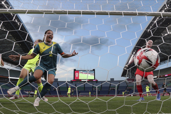 Kerr celebrates scoring against USA at the Tokyo Olympics. 