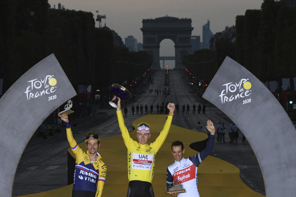 Richie Porte, right, on the podium in Paris at the end of the 2020 Tour de France. 