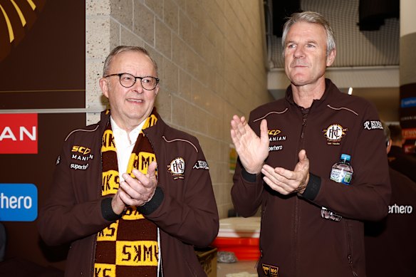 Prime Minister Anthony Albanese was all smiles with Hawks president Andy Gowers.