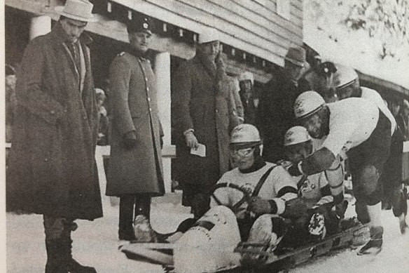 Australian Freddie McEvoy steers Britain’s bobsleigh team in the 1936 Winter Olympics.