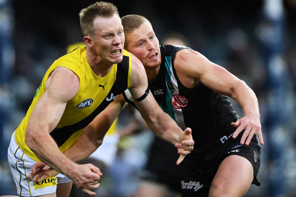 Richmond's Jack Riewoldt and Port's Tom Clurey in the round 11 clash.