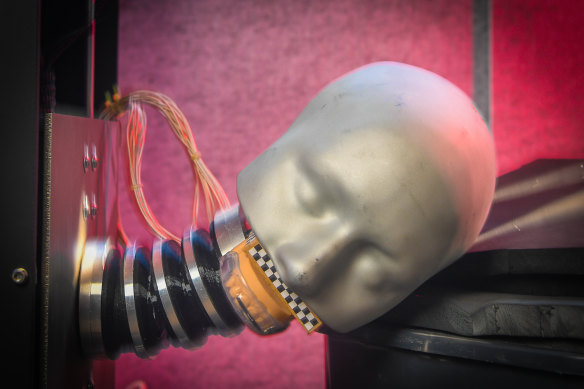 The mouthguard being tested on a crash dummy.