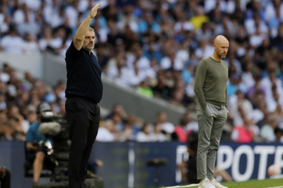 Postecoglou on the sidelines directing traffic, with Man United manager Erik ten Hag.