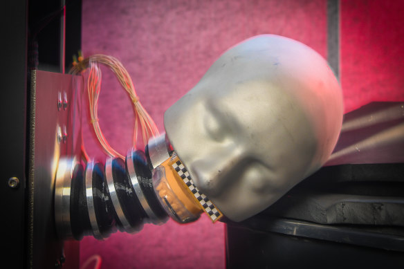 One of the HITIQ mouthguards is tested on a dummy from a drop tower.