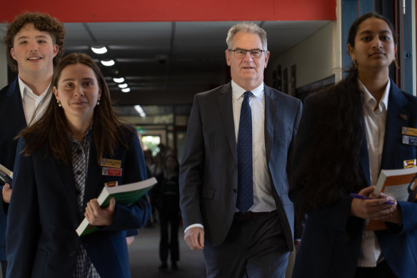 Vermont Secondary College principal Tony Jacobs, school captains Akhila Gollamudi and Amelia Ross and year 11 student Jack Turner McCrae.