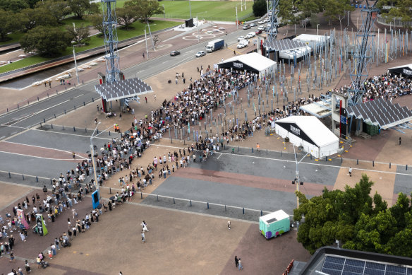 Taylor Swift fans line up at Olympic Park on Wednesday morning to buy merchandise ahead of her Sydney concert on Friday.