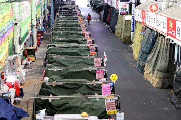 Noodle stands inside a traditional market are idle in Daegu, South Korea, amid the coronavirus outbreak.
