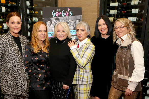 Belinda Carlisle, Charlotte Caffey, Gina Shock, Jane Wiedlin and Kathy Valentine with The Go-Go's director Alison Ellwood at Sundance, where the film debuted in January.