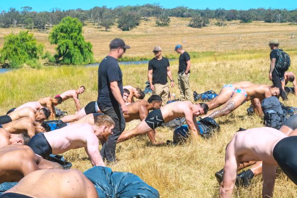 Sun’s out, guns out: The Sea Eagles squad slog it out near Mudgee.