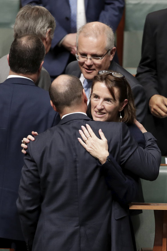 Celia Hammond (here being congratulated after her maiden speech in 2019 by Treasurer Josh Frydenberg and Prime Minister Scott Morrison) has ties to all three main groupings.