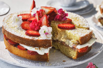 Strawberry, coconut and lime sandwich cake.