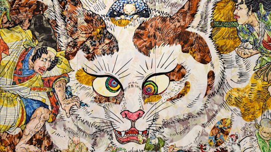 Takashi Murakami, Japan Supernatural: Vertiginous After Staring at the Empty World Too Intensely, I Found Myself Trapped in the Realm of Lurking Ghosts and Monsters, 2019, acrylic resin paint, gold leaf, glitter, 3000 x 10000 mm. Art Gallery of New South Wales Foundation Purchase 2019 (detail). 