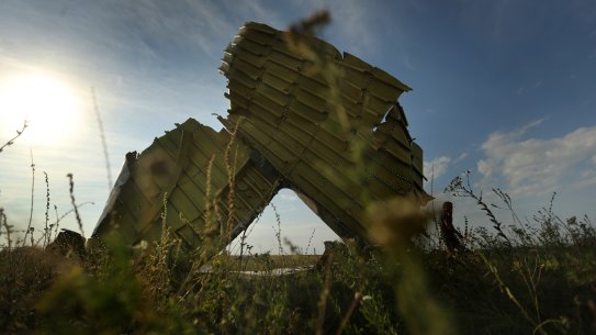 Crash debris from flight MH17  in the fields outside the village of Grabovka, Ukraine, in 2014.