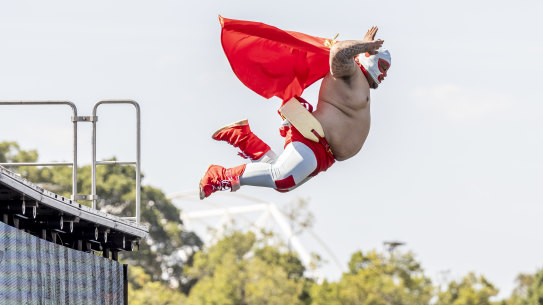 Here I go: JJ Taika, dressed as Nacho Libre, competes in the 2024 Moomba Birdman Rally.